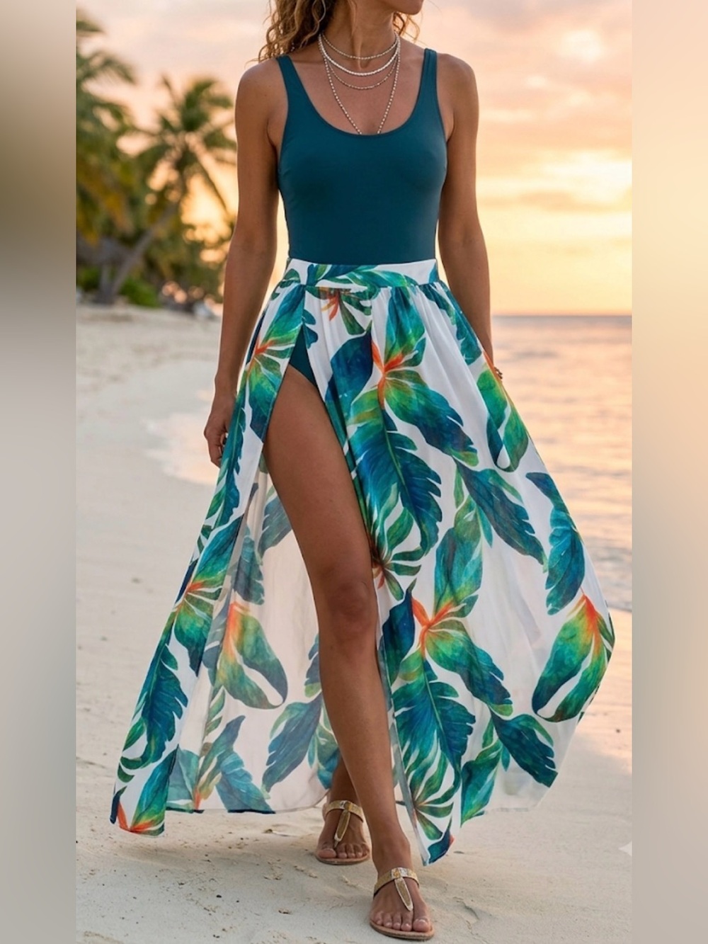 Tropical Leaf Double Slit Maxi Skirt Swim Cover Up Medium